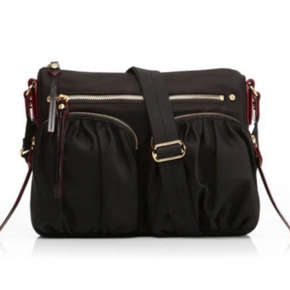 MZ Wallace Paige Black Crossbody Bag with Gold and Red Accents